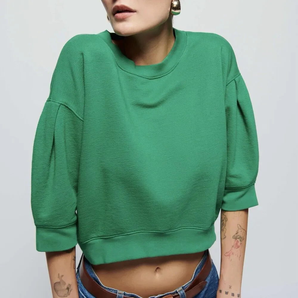 Nation LA Women’s Tate Cropped Boxy Pima Cotton Sweatshirt Verdant Green Small